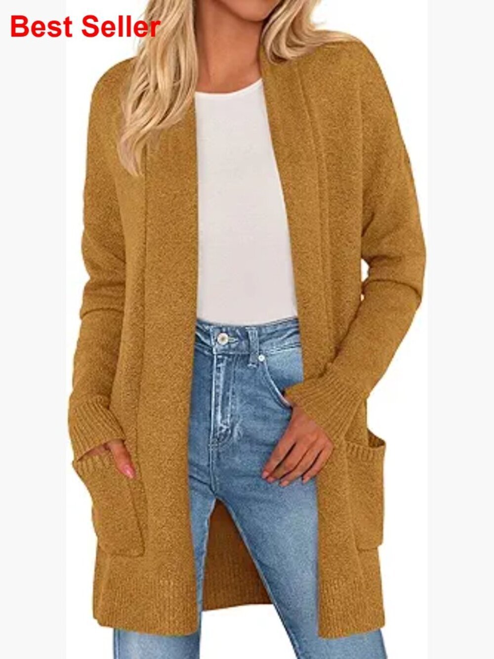 Long Open Front Cardigan Sweater with Pockets, Cozy Knit Fabric